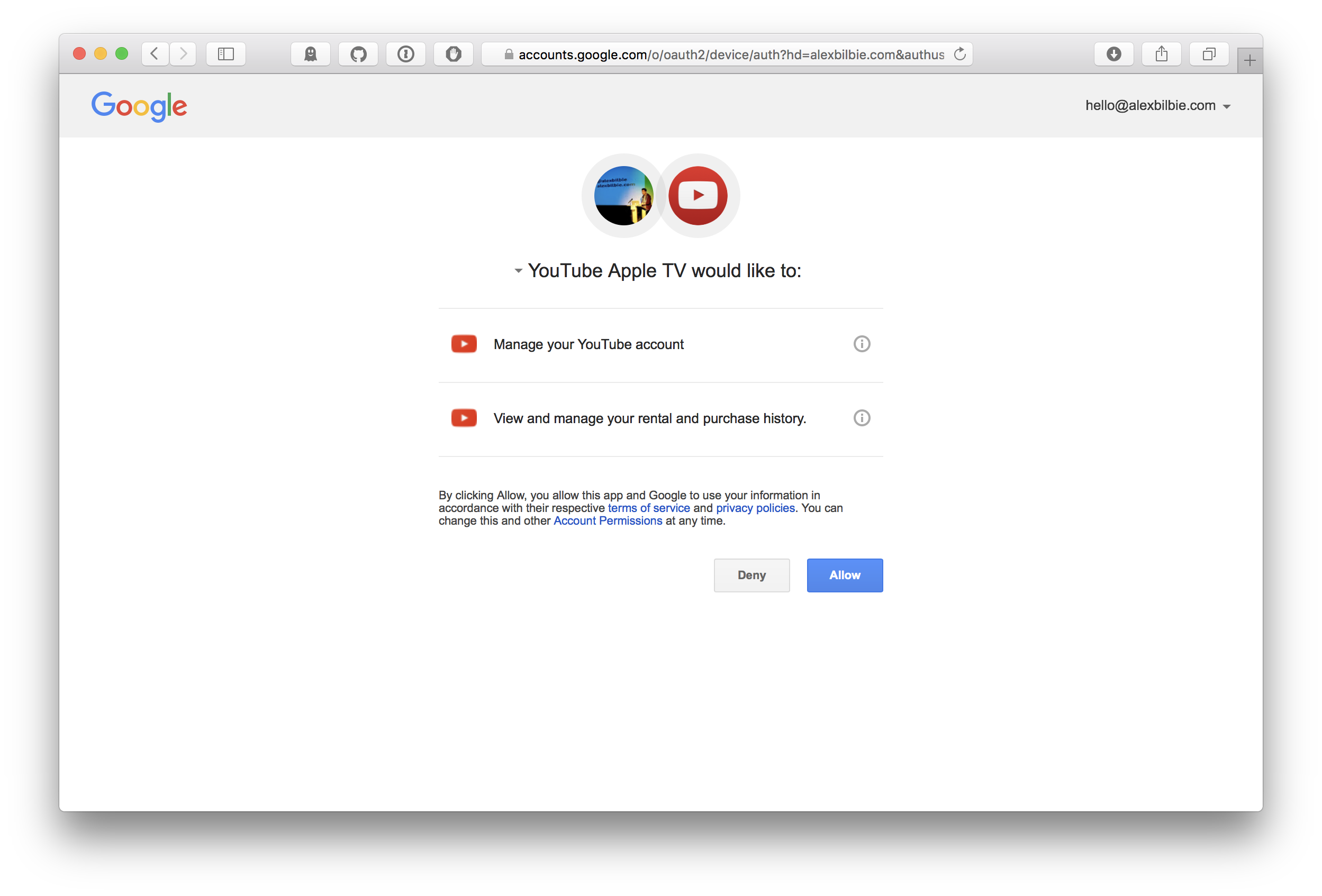 Youtube for Apple TV OAuth permissions authorization screen